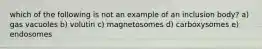 which of the following is not an example of an inclusion body? a) gas vacuoles b) volutin c) magnetosomes d) carboxysomes e) endosomes