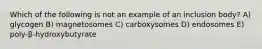 Which of the following is not an example of an inclusion body? A) glycogen B) magnetosomes C) carboxysomes D) endosomes E) poly-β-hydroxybutyrate