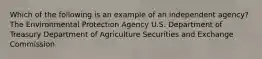 Which of the following is an example of an independent agency? The Environmental Protection Agency U.S. Department of Treasury Department of Agriculture Securities and Exchange Commission