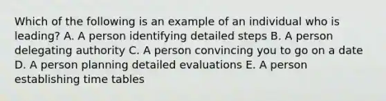 Which of the following is an example of an individual who is leading? A. A person identifying detailed steps B. A person delegating authority C. A person convincing you to go on a date D. A person planning detailed evaluations E. A person establishing time tables