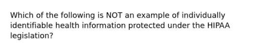 Which of the following is NOT an example of individually identifiable health information protected under the HIPAA legislation?