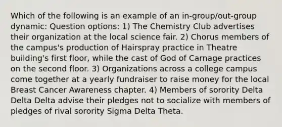 Which of the following is an example of an in-group/out-group dynamic: Question options: 1) The Chemistry Club advertises their organization at the local science fair. 2) Chorus members of the campus's production of Hairspray practice in Theatre building's first floor, while the cast of God of Carnage practices on the second floor. 3) Organizations across a college campus come together at a yearly fundraiser to raise money for the local Breast Cancer Awareness chapter. 4) Members of sorority Delta Delta Delta advise their pledges not to socialize with members of pledges of rival sorority Sigma Delta Theta.