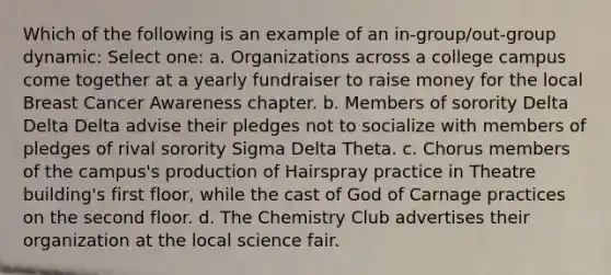 Which of the following is an example of an in-group/out-group dynamic: Select one: a. Organizations across a college campus come together at a yearly fundraiser to raise money for the local Breast Cancer Awareness chapter. b. Members of sorority Delta Delta Delta advise their pledges not to socialize with members of pledges of rival sorority Sigma Delta Theta. c. Chorus members of the campus's production of Hairspray practice in Theatre building's first floor, while the cast of God of Carnage practices on the second floor. d. The Chemistry Club advertises their organization at the local science fair.