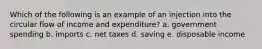 Which of the following is an example of an injection into the circular flow of income and expenditure? a. government spending b. imports c. net taxes d. saving e. disposable income