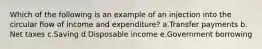 Which of the following is an example of an injection into the circular flow of income and expenditure?​ a.Transfer payments​ b.​Net taxes c.Saving​ d.Disposable income​ e.Government borrowing