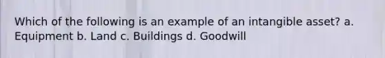 Which of the following is an example of an intangible asset? a. Equipment b. Land c. Buildings d. Goodwill