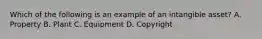 Which of the following is an example of an intangible asset? A. Property B. Plant C. Equipment D. Copyright