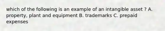 which of the following is an example of an intangible asset ? A. property, plant and equipment B. trademarks C. <a href='https://www.questionai.com/knowledge/kUVcSWv2zu-prepaid-expenses' class='anchor-knowledge'>prepaid expenses</a>