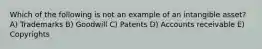 Which of the following is not an example of an intangible asset? A) Trademarks B) Goodwill C) Patents D) Accounts receivable E) Copyrights