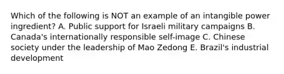 Which of the following is NOT an example of an intangible power ingredient? A. Public support for Israeli military campaigns B. Canada's internationally responsible self-image C. Chinese society under the leadership of Mao Zedong E. Brazil's industrial development