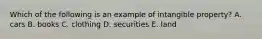 Which of the following is an example of intangible property? A. cars B. books C. clothing D. securities E. land