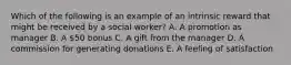 Which of the following is an example of an intrinsic reward that might be received by a social worker? A. A promotion as manager B. A 50 bonus C. A gift from the manager D. A commission for generating donations E. A feeling of satisfaction