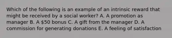 Which of the following is an example of an intrinsic reward that might be received by a social worker? A. A promotion as manager B. A 50 bonus C. A gift from the manager D. A commission for generating donations E. A feeling of satisfaction