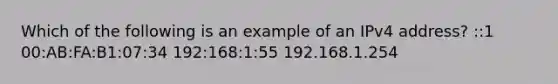 Which of the following is an example of an IPv4 address? ::1 00:AB:FA:B1:07:34 192:168:1:55 192.168.1.254