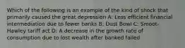 Which of the following is an example of the kind of shock that primarily caused the great depression A: Less efficient financial intermediation due to fewer banks B: Dust Bowl C: Smoot-Hawley tariff act D: A decrease in the growth rate of consumption due to lost wealth after banked failed