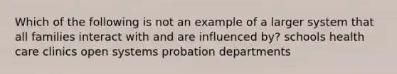 Which of the following is not an example of a larger system that all families interact with and are influenced by? schools health care clinics open systems probation departments