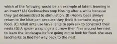 which of the following would be an example of latent learning in an insect? (A) Cockroaches stop hissing after a while because they get desensitized to stimulation. (B) Honey bees always return to the blue pan because they think it contains sugary food. (C) Adult ants use larval ants to spin silk to construct their nests (D) A spider wasp digs a burrow then flies around her nest to learn the landscape before going out to look for food. she uses landmarks to find her way back to the nest
