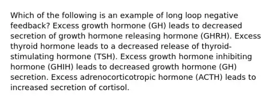 Which of the following is an example of long loop negative feedback? Excess growth hormone (GH) leads to decreased secretion of growth hormone releasing hormone (GHRH). Excess thyroid hormone leads to a decreased release of thyroid-stimulating hormone (TSH). Excess growth hormone inhibiting hormone (GHIH) leads to decreased growth hormone (GH) secretion. Excess adrenocorticotropic hormone (ACTH) leads to increased secretion of cortisol.