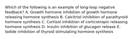 Which of the following is an example of long-loop negative feedback? A. Growth hormone inhibition of growth hormone releasing hormone synthesis B. Calcitriol inhibition of parathyroid hormone synthesis C. Cortisol inhibition of corticotropin releasing hormone synthesis D. Insulin inhibition of glucagon release E. Iodide inhibition of thyroid stimulating hormone synthesis