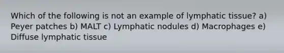 Which of the following is not an example of lymphatic tissue? a) Peyer patches b) MALT c) Lymphatic nodules d) Macrophages e) Diffuse lymphatic tissue