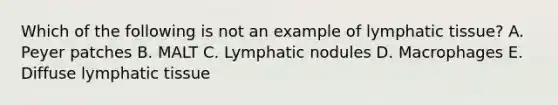 Which of the following is not an example of lymphatic tissue? A. Peyer patches B. MALT C. Lymphatic nodules D. Macrophages E. Diffuse lymphatic tissue