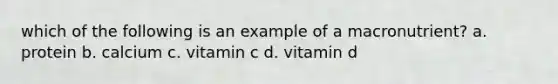 which of the following is an example of a macronutrient? a. protein b. calcium c. vitamin c d. vitamin d