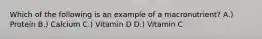 Which of the following is an example of a macronutrient? A.) Protein B.) Calcium C.) Vitamin D D.) Vitamin C