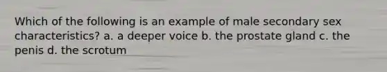 Which of the following is an example of male secondary sex characteristics? a. a deeper voice b. the prostate gland c. the penis d. the scrotum