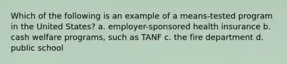 Which of the following is an example of a means-tested program in the United States? a. employer-sponsored health insurance b. cash welfare programs, such as TANF c. the fire department d. public school