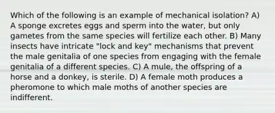 Which of the following is an example of mechanical isolation? A) A sponge excretes eggs and sperm into the water, but only gametes from the same species will fertilize each other. B) Many insects have intricate "lock and key" mechanisms that prevent the male genitalia of one species from engaging with the female genitalia of a different species. C) A mule, the offspring of a horse and a donkey, is sterile. D) A female moth produces a pheromone to which male moths of another species are indifferent.