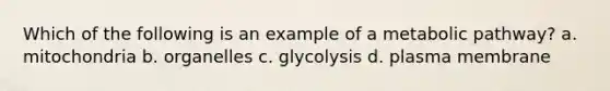 Which of the following is an example of a metabolic pathway? a. mitochondria b. organelles c. glycolysis d. plasma membrane