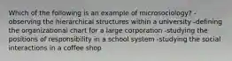 Which of the following is an example of microsociology? -observing the hierarchical structures within a university -defining the organizational chart for a large corporation -studying the positions of responsibility in a school system -studying the social interactions in a coffee shop