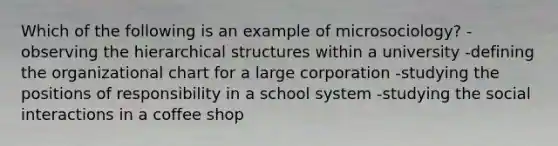 Which of the following is an example of microsociology? -observing the hierarchical structures within a university -defining the organizational chart for a large corporation -studying the positions of responsibility in a school system -studying the social interactions in a coffee shop