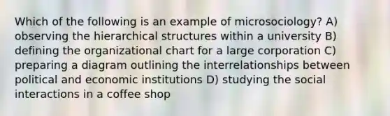 Which of the following is an example of microsociology? A) observing the hierarchical structures within a university B) defining the organizational chart for a large corporation C) preparing a diagram outlining the interrelationships between political and economic institutions D) studying the social interactions in a coffee shop