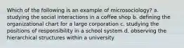 Which of the following is an example of microsociology? a. studying the social interactions in a coffee shop b. defining the organizational chart for a large corporation c. studying the positions of responsibility in a school system d. observing the hierarchical structures within a university