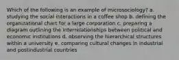 Which of the following is an example of microsociology? a. studying the social interactions in a coffee shop b. defining the organizational chart for a large corporation c. preparing a diagram outlining the interrelationships between political and economic institutions d. observing the hierarchical structures within a university e. comparing cultural changes in industrial and postindustrial countries