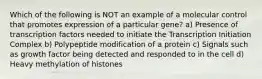 Which of the following is NOT an example of a molecular control that promotes expression of a particular gene? a) Presence of transcription factors needed to initiate the Transcription Initiation Complex b) Polypeptide modification of a protein c) Signals such as growth factor being detected and responded to in the cell d) Heavy methylation of histones