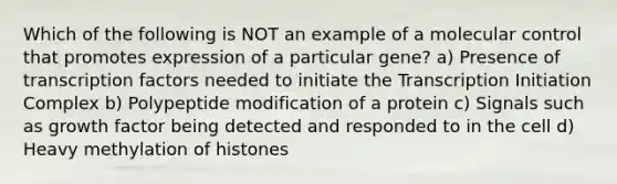 Which of the following is NOT an example of a molecular control that promotes expression of a particular gene? a) Presence of transcription factors needed to initiate the Transcription Initiation Complex b) Polypeptide modification of a protein c) Signals such as growth factor being detected and responded to in the cell d) Heavy methylation of histones