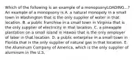 Which of the following is an example of a monopsonyLOADING...​? An example of a monopsony is A. a natural monopoly in a small town in Washington that is the only supplier of water in that location. B. a public franchise in a small town in Virginia that is the only supplier of electricity in that location. C. a pineapple plantation on a small island in Hawaii that is the only employer of labor in that location. D. a public enterprise in a small town in Florida that is the only supplier of natural gas in that location. E. the Aluminum Company of America, which is the only supplier of aluminum in the U.S.