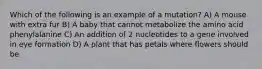 Which of the following is an example of a mutation? A) A mouse with extra fur B) A baby that cannot metabolize the amino acid phenylalanine C) An addition of 2 nucleotides to a gene involved in eye formation D) A plant that has petals where flowers should be