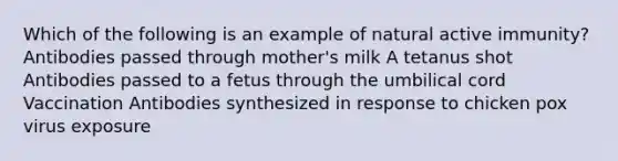 Which of the following is an example of natural active immunity? Antibodies passed through mother's milk A tetanus shot Antibodies passed to a fetus through the umbilical cord Vaccination Antibodies synthesized in response to chicken pox virus exposure