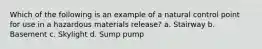 Which of the following is an example of a natural control point for use in a hazardous materials release? a. Stairway b. Basement c. Skylight d. Sump pump