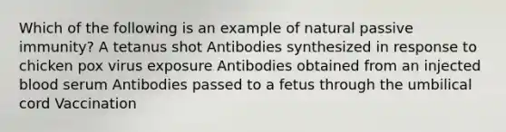 Which of the following is an example of natural passive immunity? A tetanus shot Antibodies synthesized in response to chicken pox virus exposure Antibodies obtained from an injected blood serum Antibodies passed to a fetus through the umbilical cord Vaccination