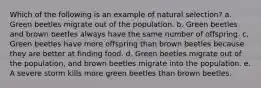 Which of the following is an example of natural selection? a. Green beetles migrate out of the population. b. Green beetles and brown beetles always have the same number of offspring. c. Green beetles have more offspring than brown beetles because they are better at finding food. d. Green beetles migrate out of the population, and brown beetles migrate into the population. e. A severe storm kills more green beetles than brown beetles.