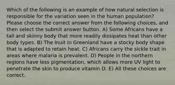 Which of the following is an example of how natural selection is responsible for the variation seen in the human population? Please choose the correct answer from the following choices, and then select the submit answer button. A) Some Africans have a tall and skinny body that more readily dissipates heat than other body types. B) The Inuit in Greenland have a stocky body shape that is adapted to retain heat. C) Africans carry the sickle trait in areas where malaria is prevalent. D) People in the northern regions have less pigmentation, which allows more UV light to penetrate the skin to produce vitamin D. E) All these choices are correct.