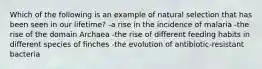 Which of the following is an example of natural selection that has been seen in our lifetime? -a rise in the incidence of malaria -the rise of the domain Archaea -the rise of different feeding habits in different species of finches -the evolution of antibiotic-resistant bacteria