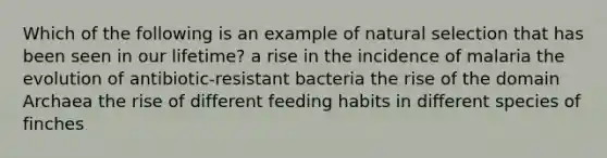 Which of the following is an example of natural selection that has been seen in our lifetime? a rise in the incidence of malaria the evolution of antibiotic-resistant bacteria the rise of the domain Archaea the rise of different feeding habits in different species of finches