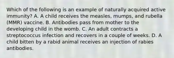 Which of the following is an example of naturally acquired active immunity? A. A child receives the measles, mumps, and rubella (MMR) vaccine. B. Antibodies pass from mother to the developing child in the womb. C. An adult contracts a streptococcus infection and recovers in a couple of weeks. D. A child bitten by a rabid animal receives an injection of rabies antibodies.