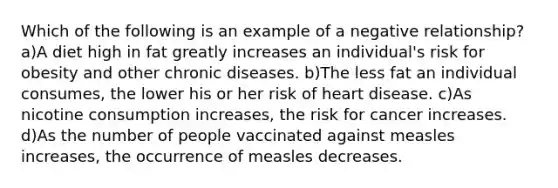 Which of the following is an example of a negative relationship? a)A diet high in fat greatly increases an individual's risk for obesity and other chronic diseases. b)The less fat an individual consumes, the lower his or her risk of heart disease. c)As nicotine consumption increases, the risk for cancer increases. d)As the number of people vaccinated against measles increases, the occurrence of measles decreases.