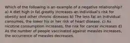 Which of the following is an example of a negative relationship? a) A diet high in fat greatly increases an individual's risk for obesity and other chronic diseases b) The less fat an individual consumes, the lower his or her risk of heart disease. c) As nicotine consumption increases, the risk for cancer increases d) As the number of people vaccinated against measles increases, the occurrence of measles decreases.